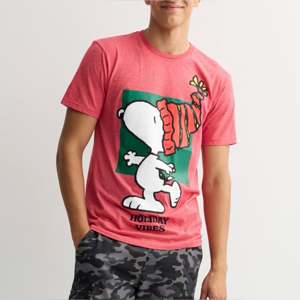 Men's Peanuts Snoopy Holiday Vibes Graphic Tee small red heather